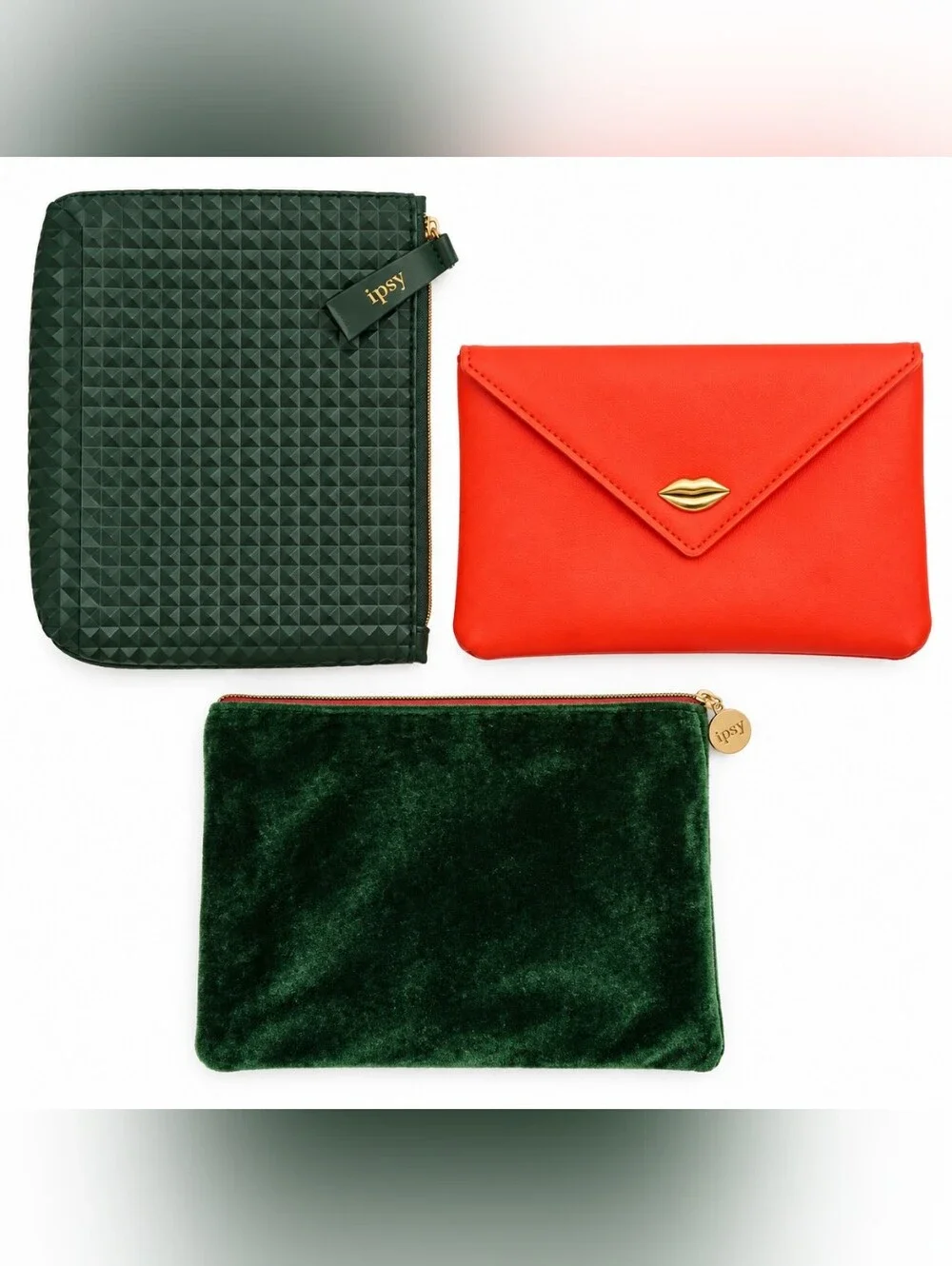 IPSY Glam Bag Lot of 3 Green Velvet Geometric Red Envelope Makeup Pouches